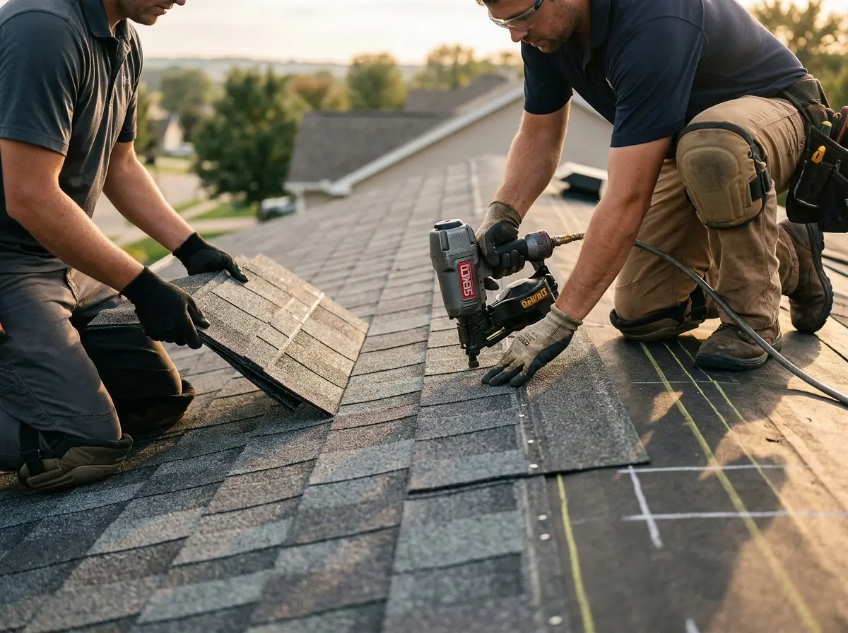 Professional roofer working on a residential roof in Mulvane